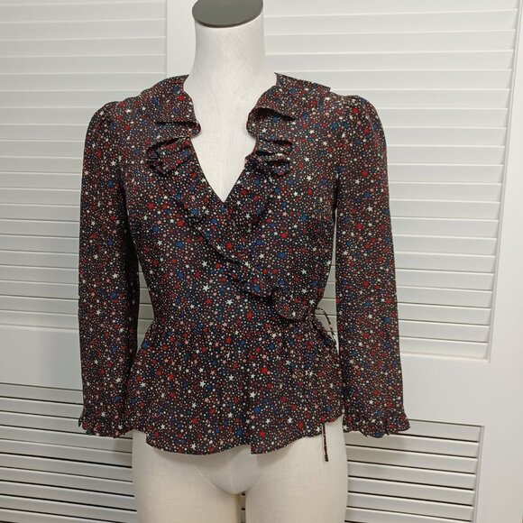Madewell Star Print Blouse 100% Silk Peplum Wrap Size XSmall - Picture 2 of 15